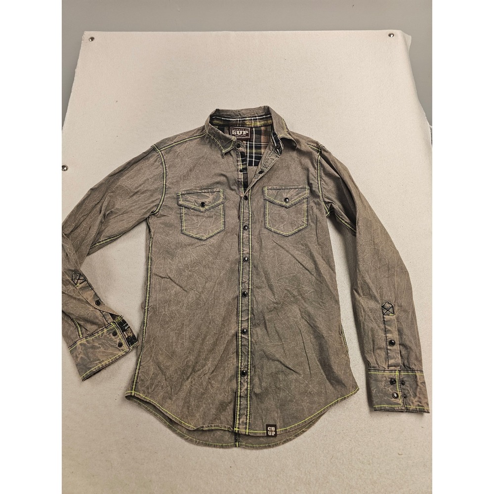 Cowboy Up Mens Gray Acid Wash Western Snap Button Down Shirt Tailored Fit Small